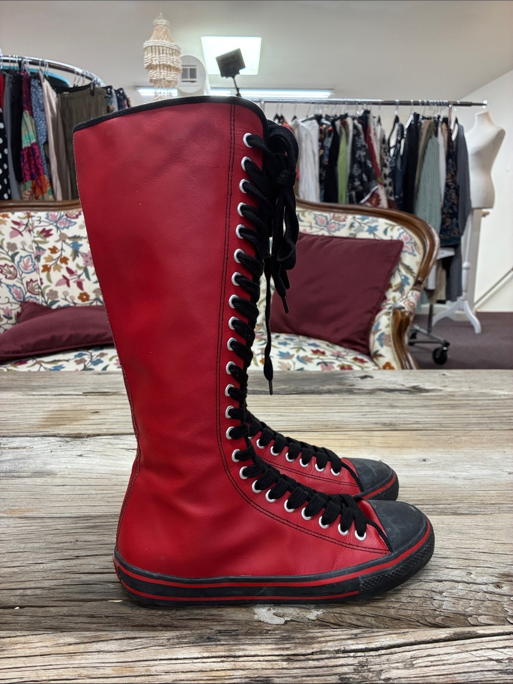 Underground England Red and Black Knee-High Lace-Up Boots Size 41